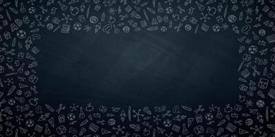 Back to School Seamless Pattern Banner Design with Colorful Hand Drawn Doodles in School Supplies Style and Copy Space on Black Chalkboard Background. Education, Learning and Knowledge vector