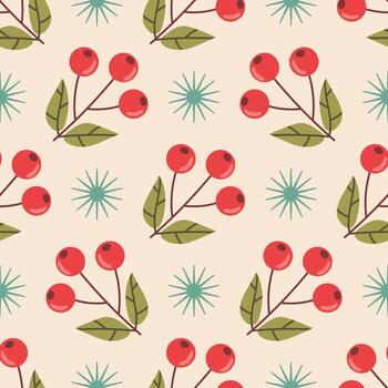 rojo serbal rama con bayas y estrellas en ordenado polca punto orden sin costura modelo. vector