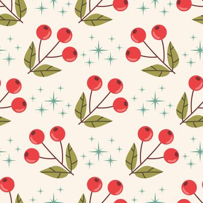Seamless pattern with red rowan berries branch and stars arranged in polka dot order.