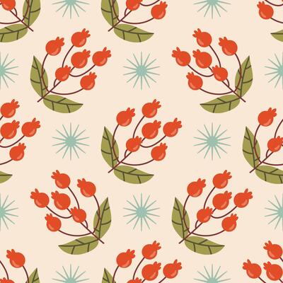Cute seamless pattern with red rosehip berries branch and stars in polka dot order.
