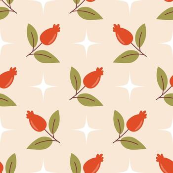 Seamless pattern with red rosehip berries branch and stars arranged in polka dot order. vector
