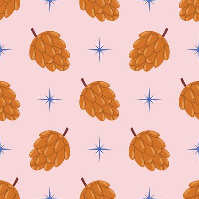 Cute seamless pattern with pines and blue stars on pastel pink background in polka dot order.