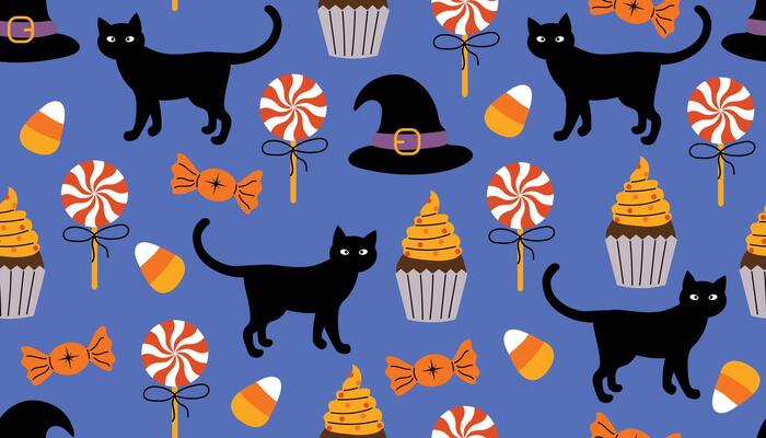 Cute Halloween seamless pattern with black cat, candies, cupcake, and witch hat on dark blue background