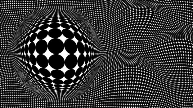 Dynamic black and white optical illusion background featuring warped dot patterns that create a three-dimensional sphere effect in the center. vector