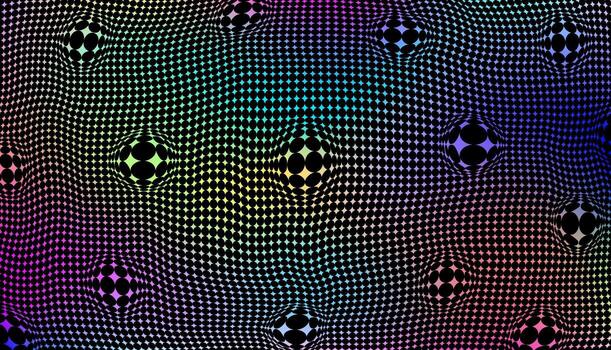 A warped grid of black dots on a vibrant rainbow gradient background with embedded spheres creating a distorted optical illusion effect. Abstract background. vector