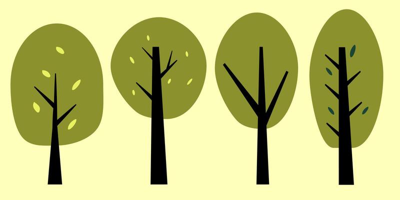 Four trees with leaves on a yellow background