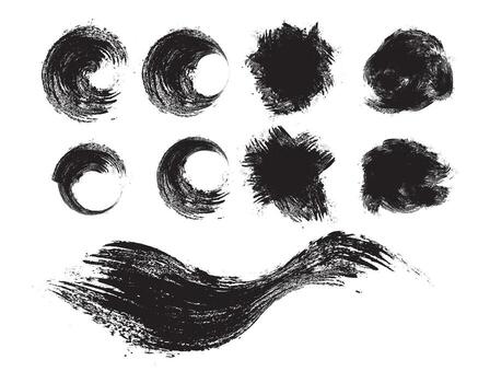 a set of black ink strokes on a white background, set of ink blots, Grunge ink paint brush strokes and splatters set for design elements vector