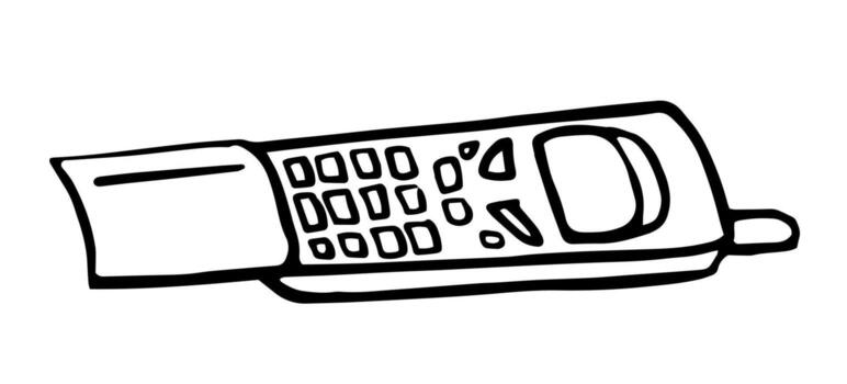 Minimalist line art illustration of a classic sliding cell phone, featuring a numeric keypad, small display, slide out cover and antenna, rendered in bold black outline. Retro, vintage gadget vector