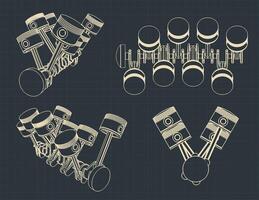 Piston crank mechanism drawings illustration vector