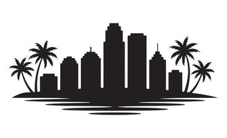 Palm trees and city skyline silhouette vector