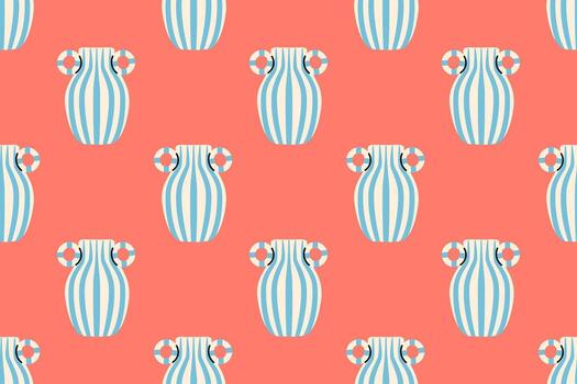 Repeating pattern of striped ceramic vases with handles on coral background vector