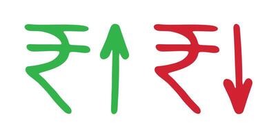 Bank Hand drawn rupee currency symbol Growth and fall profit with arrow up and down Brush stroke doodle Element for design vector