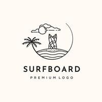 nature surfboard sun line art logo minimalist illustration design, surf landscape in nature logo design vector