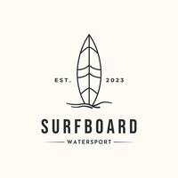 surfboard water sport line art logo minimalist illustration design, surfboard standing on the beach logo design vector