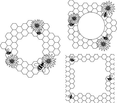 Honeycomb Honey circle round square frame set. graphic line illustration. Graphic honeycomb, bee, glass jar, flowers, pot. Great for label, banner, poster, card.