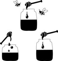 bee and Honey jar dipper composition set. graphic line illustration. Perfect for cards, decorations, stickers, logo, menu, various designs. For logo, web, package, sticker. vector