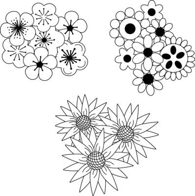 Abstract ink flower composition set. graphic line illustration. Hand drawn brush floral silhouette. Sketch strokes natural forms. Black grunge paint flowers, leaves, blossom, branches.