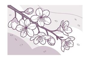 Outline cherry blossoms in blush lavender pastels on a light flower branch vector