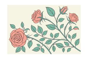 Vintage style coral roses green leaves on cream floral pattern vector