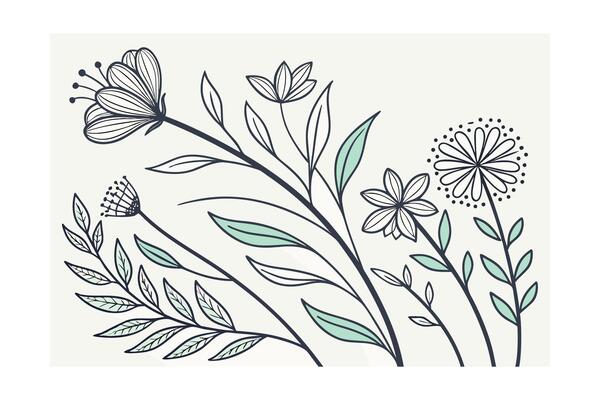 Hand drawn botanical outlines with pastel green leaves flowers floral leaf
