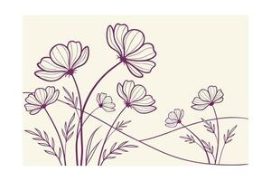 Delicate line drawn cosmos flowers in pastel lilac on cream floral botanical vector