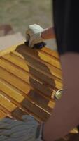 Woman wearing gloves applying wood oil to a wooden garden bench in a backyard, with shadows video