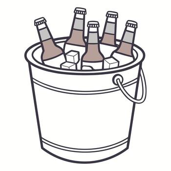Chilled beverage bottles rest inside a bucket alongside refreshing ice cubes against transparency vector
