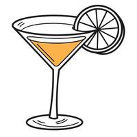 Cartoon drawing shows an orange liquid filled glass with an orange slice garnish vector
