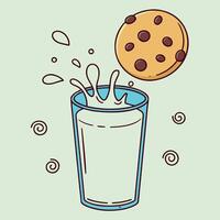 Cartoon chocolate chip cookie is dunking into milk creating a splash moment vector