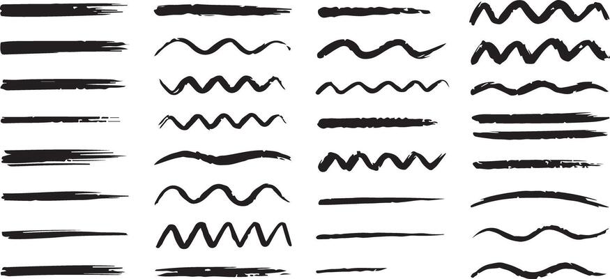 Thirty Crayon Drawn Underline Stroke Set Straight Wavy Lines Black Ink Textured Graphic Design Elements