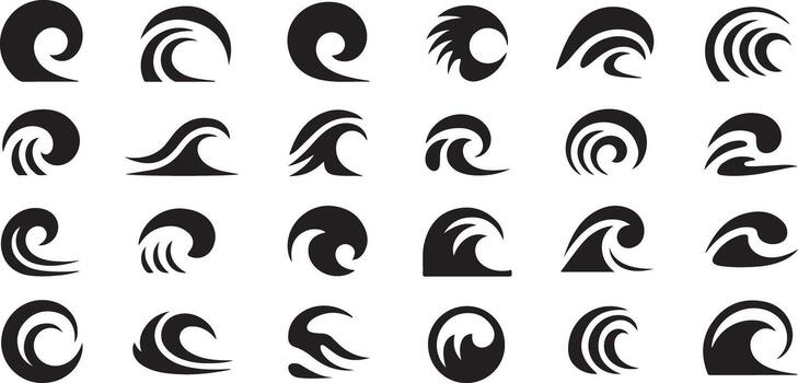 Twenty Four Black Minimalist Wave Icons Set Abstract Ocean Wave Symbols Graphics Design Elements vector