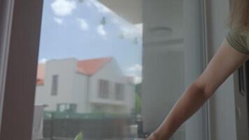 Woman spraying cleaning liquid on window glass before wiping. Concept of household chores and home hygiene video