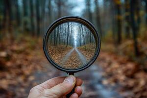 Hand holding magnifying glass showing forest road leading into the unknown photo