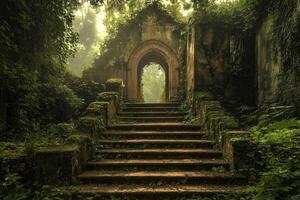 Mossy staircase leading to ancient archway in lush forest photo