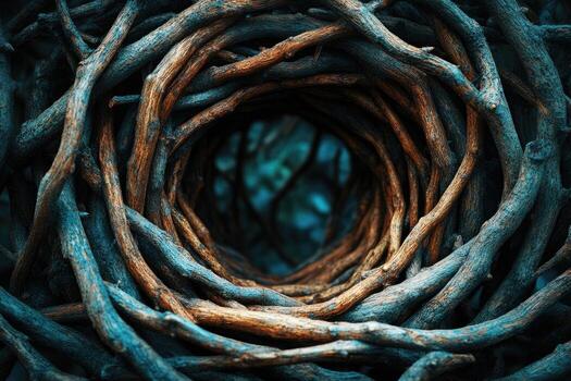 Woven branches creating a tunnel leading to mysterious forest photo