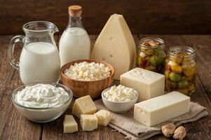 ssorted Dairy Products and Preserved Vegetables on Table photo