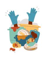Hands in pile of different things flat icon Dirty dishware vector
