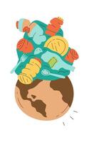 Pile of plastic bottles on planet flat illustration vector