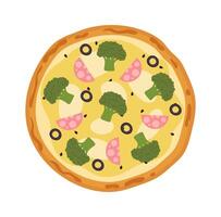 Tasty pizza with salami and broccoli flat illustration vector
