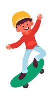 Cheerful kid riding on skateboard flat illustration Wooden skateboard vector