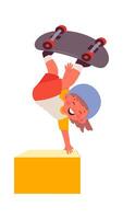 Cheerful kid riding on skateboard flat illustration Wooden skateboard Flat Illustration vector