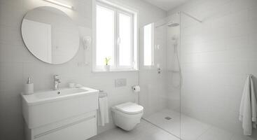 small bathroom in a minimal design style, featuring clean lines and soft lighting, ideal for home design platforms. photo