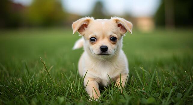 Small Chihuahua puppy enjoying the outdoors in a field of grass, great for websites, greeting cards, or pet-themed digital content. photo