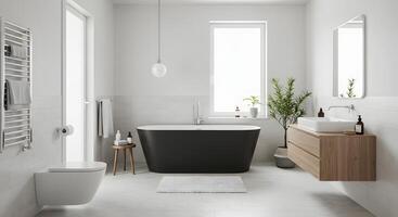 Small bathroom with clean white walls and subtle decor, perfect for web design or space-saving tips. photo