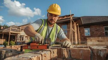 contractor with safety vest and goggles applies final touches to a brick wall on a home build, with tools in hand. photo