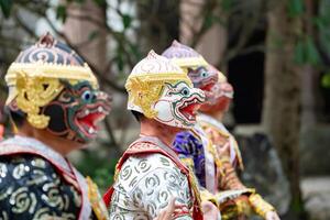 The performance of Thai traditional drama story Khon epic, Ramakien or Ramayana with Hanuman white monkey and others.aa photo