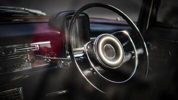Vintage Classic car steering wheel, with chrome and leather textures in sharp detail, showcases the quality and precision of automotive craftsmanship under natural light.bt photo