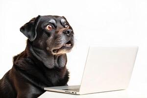 Surprised Rottweiler staring at laptop screen on white background photo