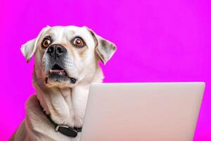 A labrador looks at a laptop screen with surprise on a bright purple background photo