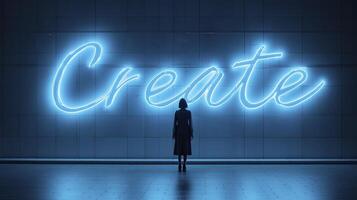 Silhouette of a woman standing before a large neon sign photo